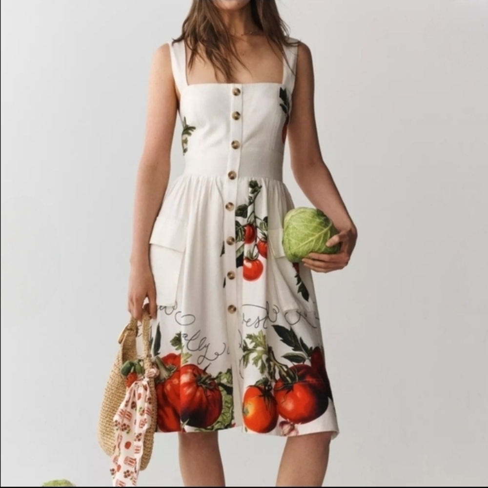 NWT! Anthropologies/Maeve Button-Front Fit & Flare Tomato Midi Dress, Size Large